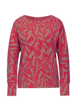 Sweater à manches longues en rose et beige avec un design de motif animal abstrait, présentant une encolure large et des poignets et un ourlet côtelés.