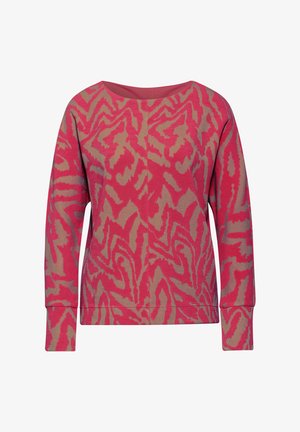 Langarmpullover in Rosa und Beige mit einem abstrakten Tiermuster-Design, ausgestattet mit einem weiten Ausschnitt sowie gerippten Bündchen und Saum.