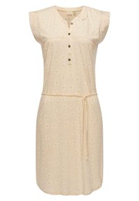 Knee-lange jurk van zachte stof, met een bloemenpatroon in wit met gele accenten, een knoopsluiting bij de hals en een gestrikt taille.