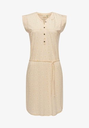 Rochie până la genunchi, dintr-un material moale, cu un model floral în alb cu accente galbene, guler cu nasturi și talie legată.