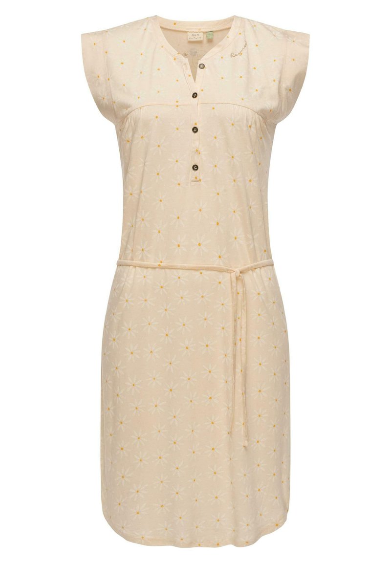 Knee-lange jurk van zachte stof, met een bloemenpatroon in wit met gele accenten, een knoopsluiting bij de hals en een gestrikt taille.