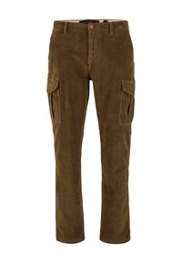 Ruskeiset corduroy cargo-housut, joissa on raidallinen rakenne, sivutaskut, nappisuljenta ja suora lahje-muotoilu.