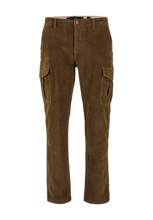 Pantaloni cargo in corduroy marrone con texture a righe, dotati di tasche laterali, chiusura con bottone e design a gamba dritta.