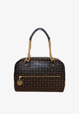 Borsa nera con manici a catena dorata, tasca con cerniera dorata sul davanti e motivo a logo "P" ripetuto su tutta la borsa.