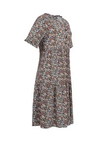 Rochie florală dintr-un material de culoare maro închis, cu mâneci scurte. Prezintă modele florale multicolore, fustă pliată și decolteu rotund.