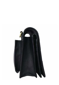 Zwarte leren handtas met een gestructureerd ontwerp en meerdere plooien. Heeft een gouden hardware accent en een gladde textuur.