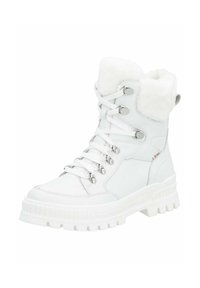Bottines blanches avec un col en fausse fourrure, un design à lacets, des accessoires en métal argenté et une semelle en caoutchouc épaisse. Surfaces lisses et texturées avec un bout renforcé.