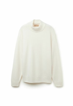 Hvid, oversized sweater med en høj, ribbet hals og dropped shoulders. Blødt materiale og ribbede manchetter ved ærmerne og nederste kant.