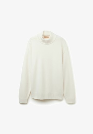 Hvid, oversized sweater med en høj, ribbet hals og dropped shoulders. Blødt materiale og ribbede manchetter ved ærmerne og nederste kant.