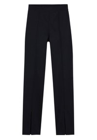 Pantalones negros de corte ajustado con una textura suave, que presentan aberturas laterales en el dobladillo y una cinturilla plana, diseñados para un aspecto a medida.