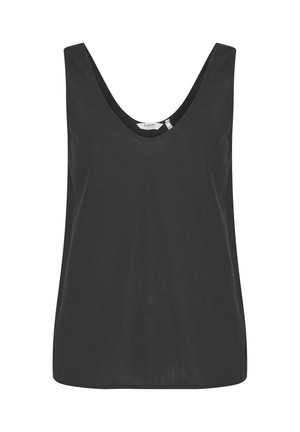 Canotta nera senza maniche con ampie spalline e scollatura a U, mostrata su uno sfondo bianco.