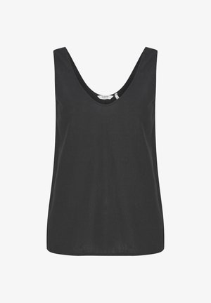 Débardeur noir sans manches avec larges bretelles et encolure dégagée, présenté sur un fond blanc.