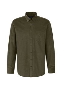 Dunkelolivgrünes Langarmhemd aus weichem Stoff, mit Umlegekragen, Brusttasche und fünf braunen Knöpfen vorne.