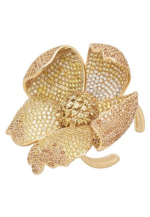 Gold-tone flower brooch featuring encrusted yellow and clear crystals, sculpted petal design with textured surfaces and smooth edges.