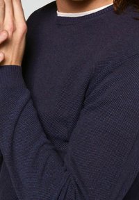 Maglione a collo rotondo di colore blu navy, lavorato a maglia con una finitura testurizzata e maniche lunghe. Dettaglio con polsini a costine, senza motivi visibili.