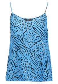 Blå ärmlös topp med svart tigerstrimmig och leopardmönster. Tillverkad av lätt tyg med justerbara spaghettiband.