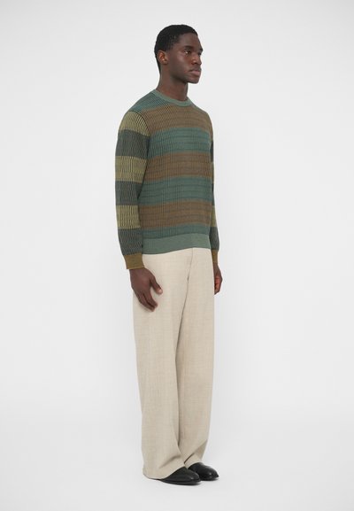 Sweter w paski w kolorach zielonym, brązowym i żółtym, z prążkowanymi mankietami i ściągaczem u dołu. Noszony z beżowymi, szerokimi spodniami i czarnymi butami.