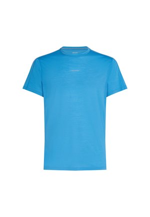 Blue short-sleeve t-shirt made of lightweight fabric. Features a crew neckline and subtle logo printed at the center. Smooth texture.