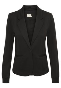 Czarna marynarka o dopasowanym kroju, z wyłogami, dwiema przednimi kieszeniami oraz zapięciem na guziki. Wykonana z fakturowanej tkaniny, z długimi rękawami.