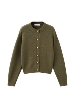 Cardigan en tricot vert olive avec un col rond, de grands boutons sur le devant, et des poignets et un ourlet côtelés. Texture douce, coupe décontractée.