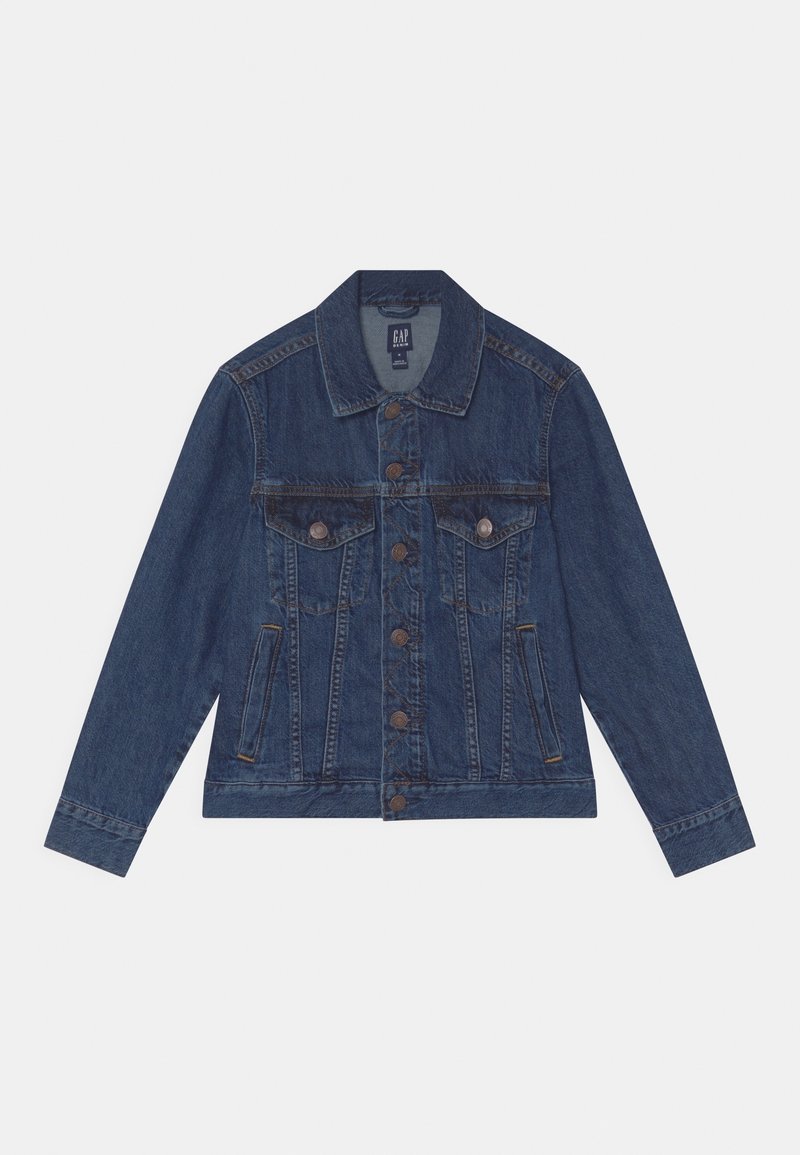 Giacca di jeans blu scuro con colletto classico, chiusura con bottoni, due tasche sul petto, tasche laterali e dettagli di cucitura in vista.