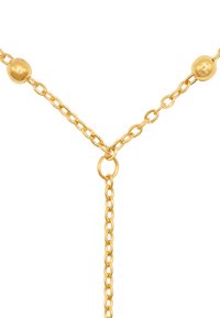 Collana in oro con maglie rotonde, caratterizzata da due accenti sferici e un anello centrale, creando un design snodato e minimalista.