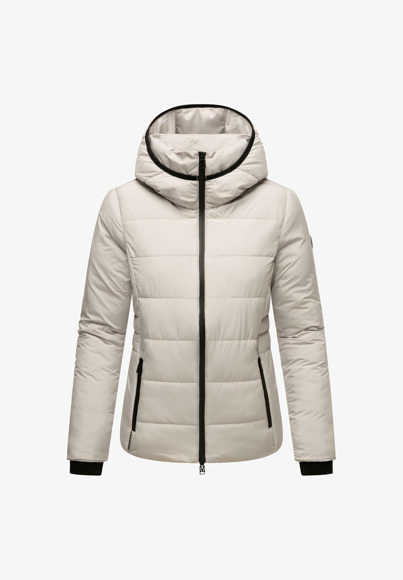 Šviesiai smėlinis pūkinis švarkas su gobtuvu, siuvinėto rašto, juodas užtrauktukas ir kišenės akcentai, bei banguotos rankovės. Lygus paviršius.