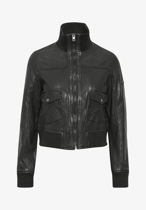 Mustan nahast bomber-jakk kõrge kraega, ribidega mansetid ja ääred, kaks esikotti ja keskne tõmblukk. Sile tekstuur.