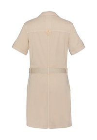 Beiges kurzärmeliges Kleid aus Baumwolle, mit einem taillierten Gürtel, zwei Seitentaschen und einer Rückenpasse mit gesticktem Sternmotiv.