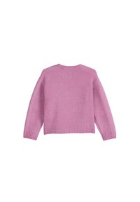 Rosa gestrickter Pullover mit Rundhalsausschnitt und langen Ärmeln, mit gerippten Säumen. Die Rückansicht zeigt eine einfarbige Textur ohne Muster.