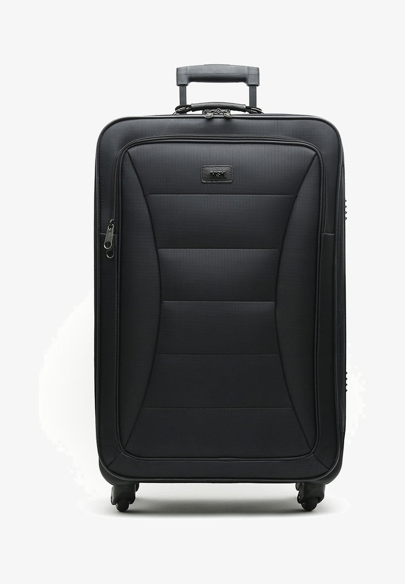 Black hard-shell suitcase with a textured surface, featuring a telescopic handle, zip closure, and four wheels for mobility.