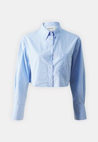 Blue crop button-up shirt with white vertical stripes. Features a classic collar and long sleeves with cuff contrast. Small front pocket.
