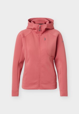 Rosa hettejakke med hel glidelås, lange ermer, to frontlommer og en liten logomerke på brystet, vist på hvit bakgrunn.