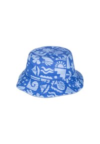 Niebieska kapelusz z szerokim rondem i białym tropikalnym wzorem, na którym znajdują się kwiaty, fale i kształty. Wykonany z tkaniny z wyprofilowaną okrągłą koroną.