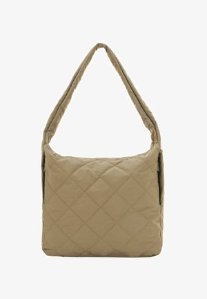 Beige gesteppte Schultertasche mit einem gepolsterten Einzelriemen. Verfügt über diamantförmige Steppung und eine weiche Textur. Verschluss- und Taschendetails nicht sichtbar.