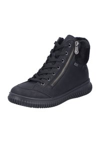 Baskets montantes noires en cuir avec une finition texturée, dotées d'une fermeture éclair sur le côté, d'un bout rond et d'un collier rembourré. Semelle en caoutchouc.