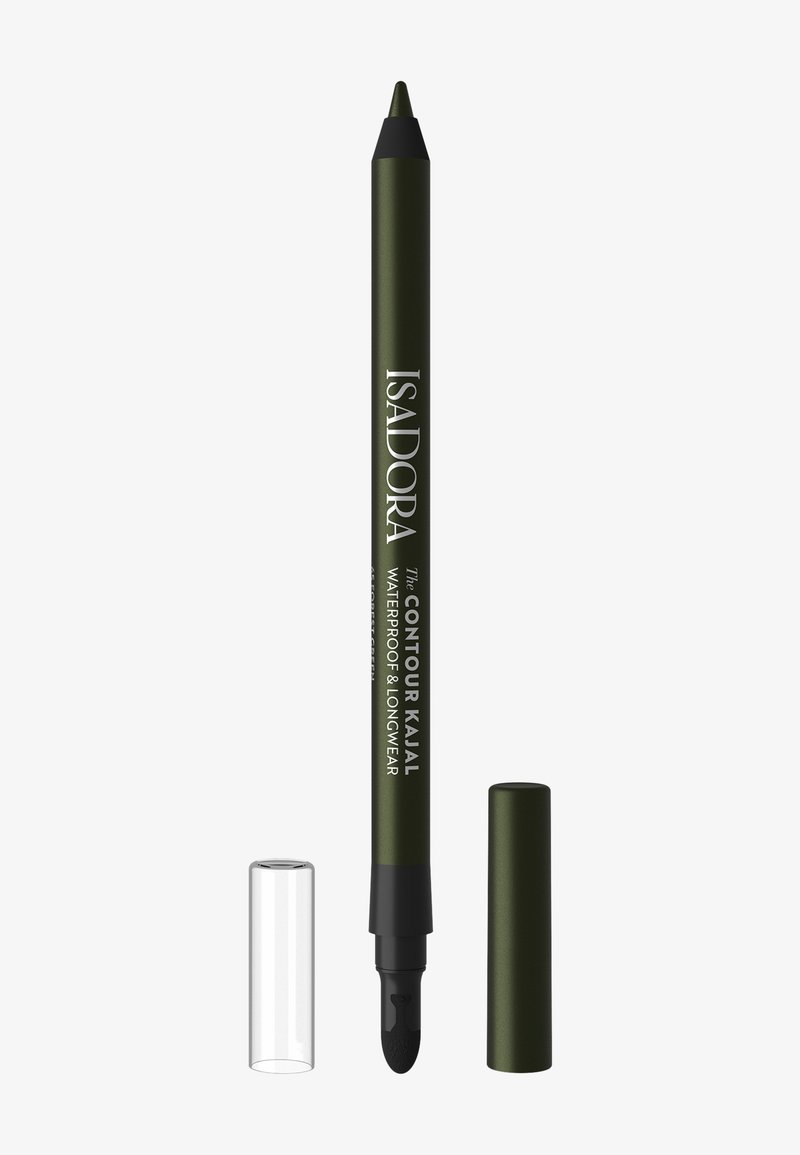 Lápiz de contorno kajal Isadora verde con dos tapas extraíbles, una transparente y otra verde, sobre fondo blanco.