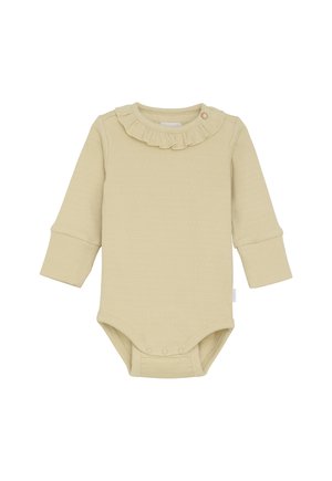 Cremefarbener langärmeliger gerippter Baby-Body mit Rüschensaum und Druckknöpfen im Schritt und am Hals.