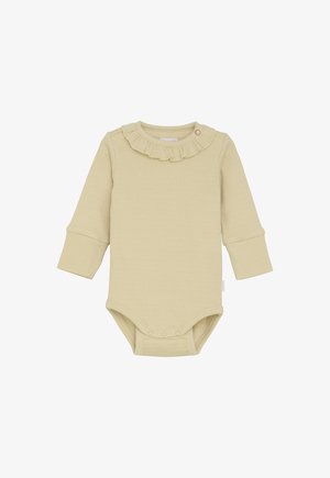 Body per neonato a maniche lunghe color crema, a costine, con colletto arricciato e chiusure a scatto all'inguine e al collo.