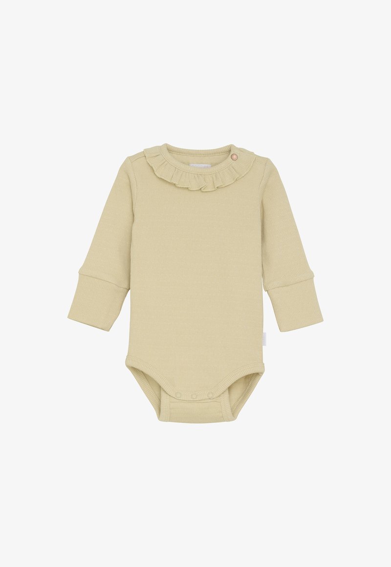 Kremowy, długi rękaw, prążkowany body niemowlęce z falbaniastego kołnierzyka oraz zapięciem na napy w kroku i przy szyi.