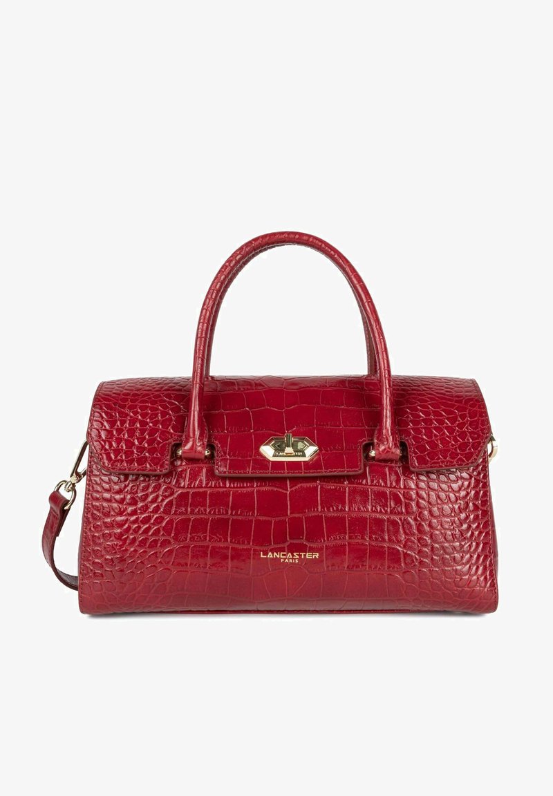 Borsa in pelle rossa con stampa a croc, dotata di due manici, una tracolla removibile e accessori in oro. Include una chiusura a clip e il logo del marchio.