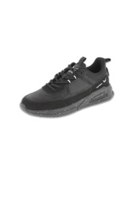 Schwarzer Sportschuh mit gesprenkelter Sohle, gepolstertem Kragen, Schnürsenkeln und Kaporal-Logo an der Seite und Zunge, schräg geneigt, um die äußere Seite zu zeigen.