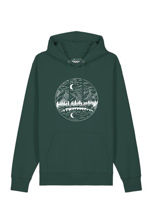 Sweat à capuche vert foncé avec poche avant et graphique circulaire blanc représentant des montagnes, des arbres, des nuages et deux croissants de lune, un droit et un inversé.