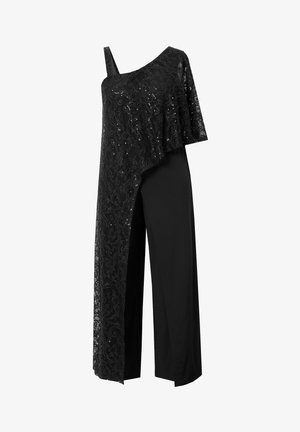Zwarte jumpsuit met een doorschijnende, gepailleerde kanten overlay aan de linkerkant en een solide zwarte broekontwerp met wijde pijpen. Eén schouderband.