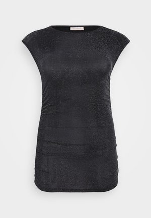 Crna majica kratkih rukava od teksturirane, sjajne tkanine s naborima sa strane; okrugli izrez; pripijen kroj.
