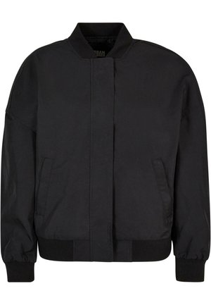 Černá bomber bunda, vyrobená z hladké tkaniny s vysokým límcem, předním zipem, vroubkovanými manžetami a spodním lemem, s bočními kapsami.