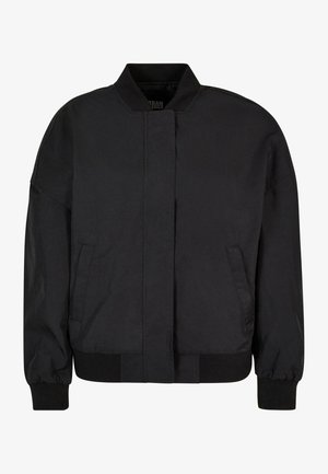 Zwarte bomberjack, gemaakt van gladde stof met een hoge kraag, ritssluiting aan de voorkant, geribde manchetten en zoom, met zijzakken.