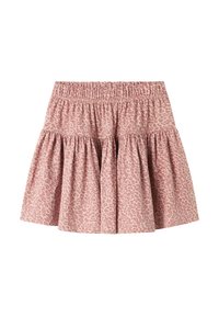 Sprettende rosa skjørt med leopardmønster, med elastisk midjebånd og lagdelte volanger for en avslappet, leken stil.