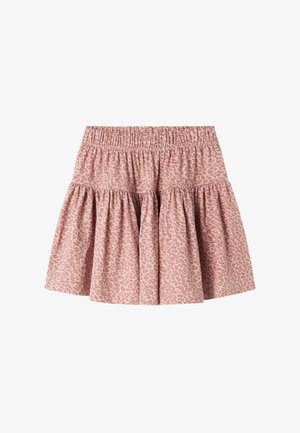 Sprettende rosa skjørt med leopardmønster, med elastisk midjebånd og lagdelte volanger for en avslappet, leken stil.