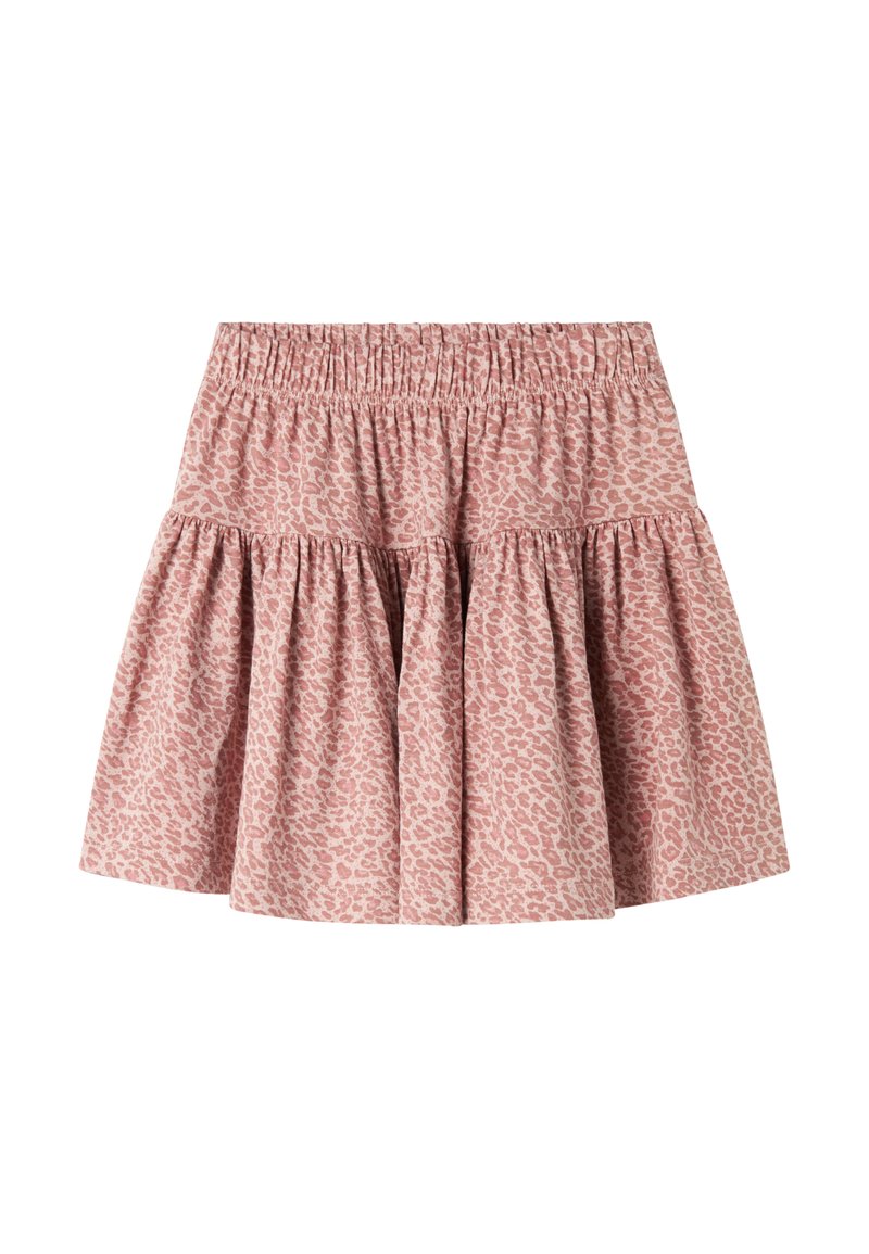 Sprettende rosa skjørt med leopardmønster, med elastisk midjebånd og lagdelte volanger for en avslappet, leken stil.
